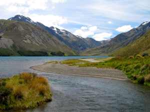 The headwaters of the Clarence River spilling out of Lake Tennyson.