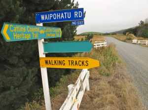 Road pointer sign for Waipohatu, near Slope Point junction.